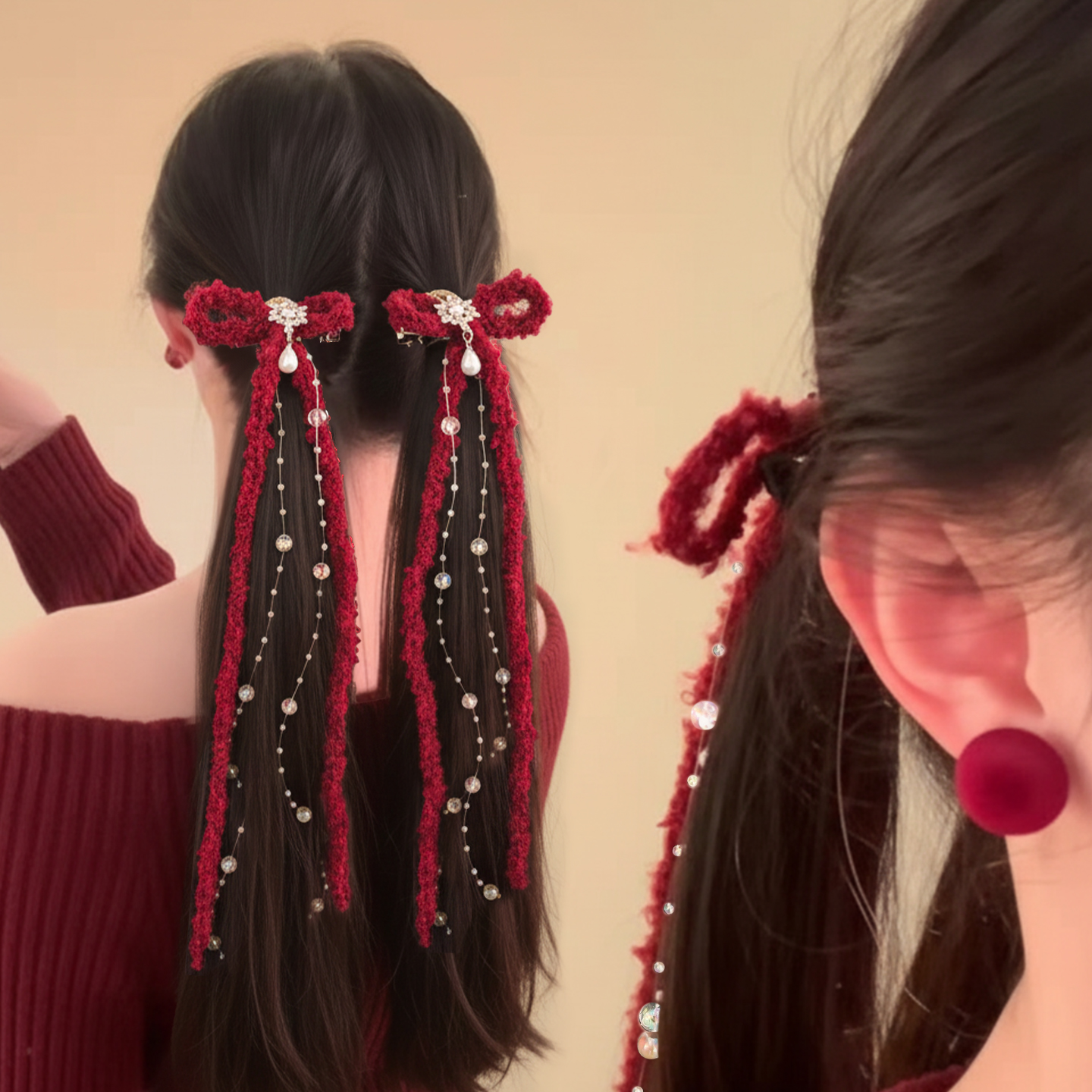 圣诞恋歌红色蝴蝶结珍珠飘带边夹