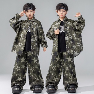 旦演出服装 儿童街舞潮服男童嘻哈绿色五角星套装 hiphop帅气男孩元