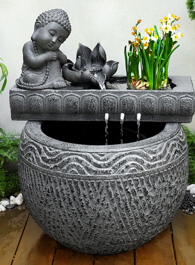 室外禅意流水鱼池造景水系景观庭院花园户外喷泉成品鱼缸仿石水槽