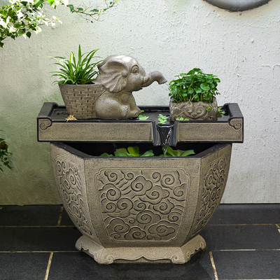 荷府流水摆件小象鱼池