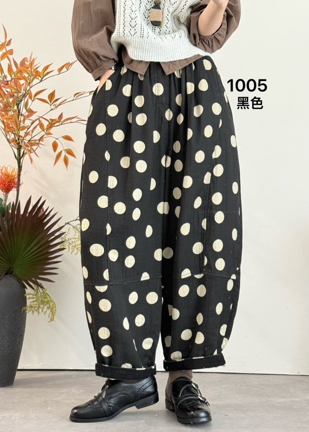 【布愫】2026春秋新款宽松显瘦圆波点棉麻休闲裤女大码阔腿弯刀裤,女装/女士精品,休闲裤,淘宝优惠券,粉丝福利购,淘宝优惠卷