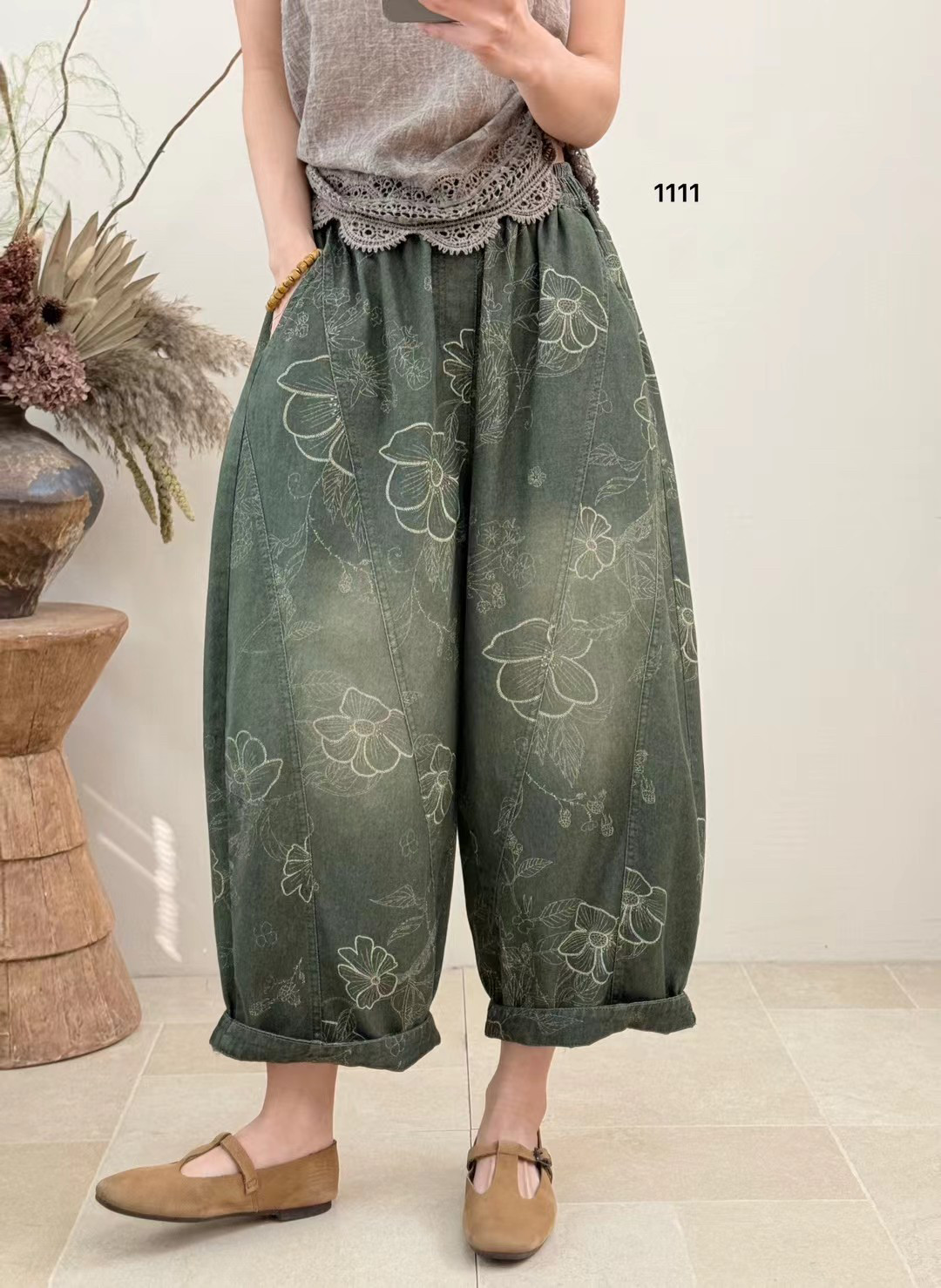 布愫&reg;2026春夏新款文艺民族风印花牛仔裤女胖mm休闲直筒阔腿裤