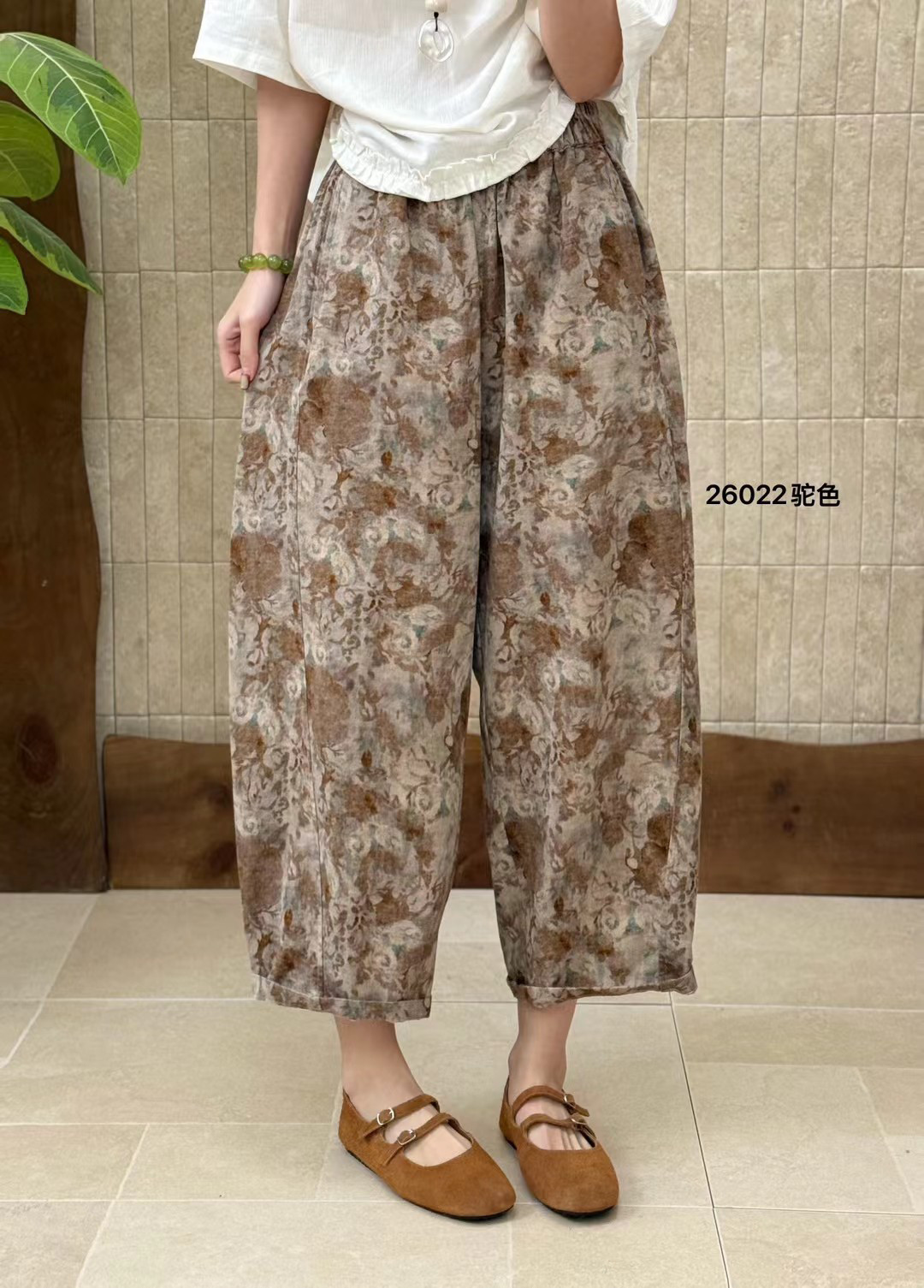 布愫&reg;2026夏季新款民族风宽松休闲印花裤子女九分垂感直筒棉麻裤