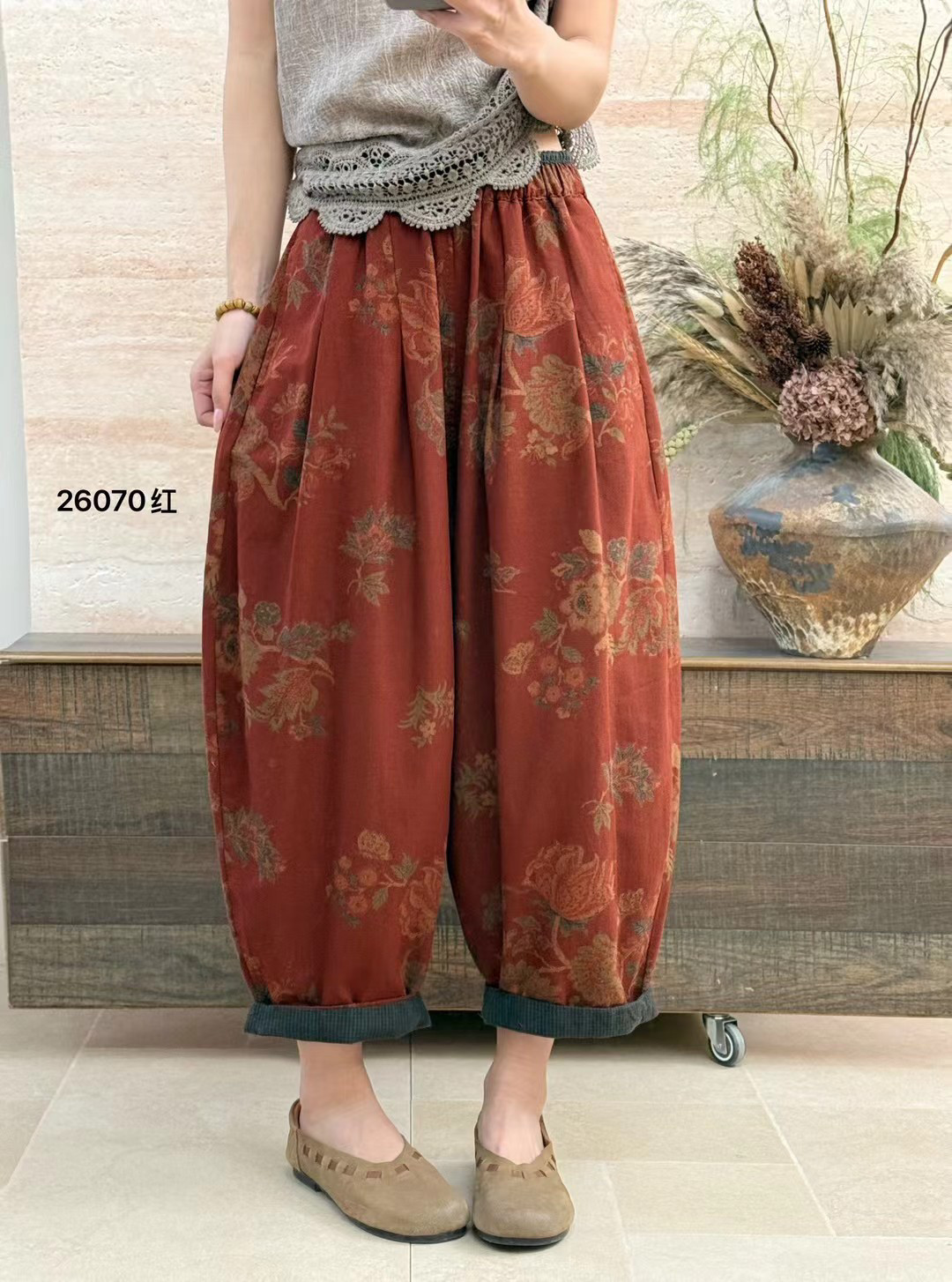 布愫&reg;春夏新款印花大版民族风宽松棉麻裤女妈妈大码阔腿休闲裤潮