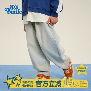 男女童休闲裤 日系儿童做旧水洗牛仔长裤 子 smile Its