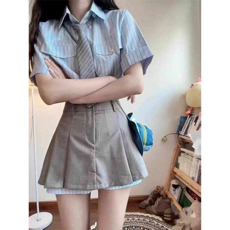 风条纹衬衫连衣裙子女夏季2025新款日jk制服百褶短裙套装