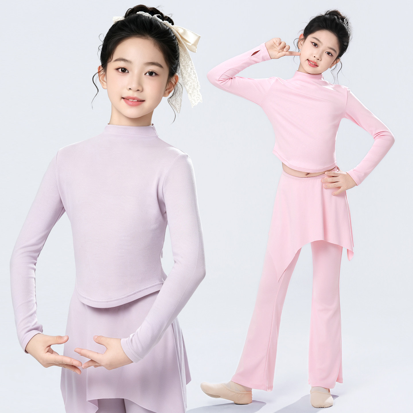 儿童舞蹈服秋冬半高领上衣打底衫女童跳舞练功裙裤套装芭蕾舞服装