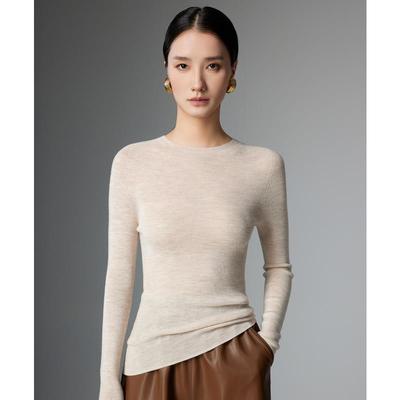 无缝一体可机洗160s精纺羊毛衫女圆领秋冬修身毛衣内搭针织打底衫