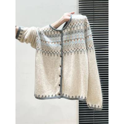 秋冬高级感费尔岛穿搭针织开衫毛衣女2025加厚外套宽松慵懒风上衣