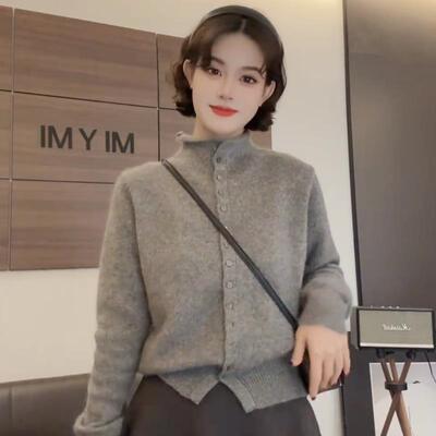 高级感灰色半高领毛衣开衫女秋冬2025新款爆款春装打底针织衫上衣