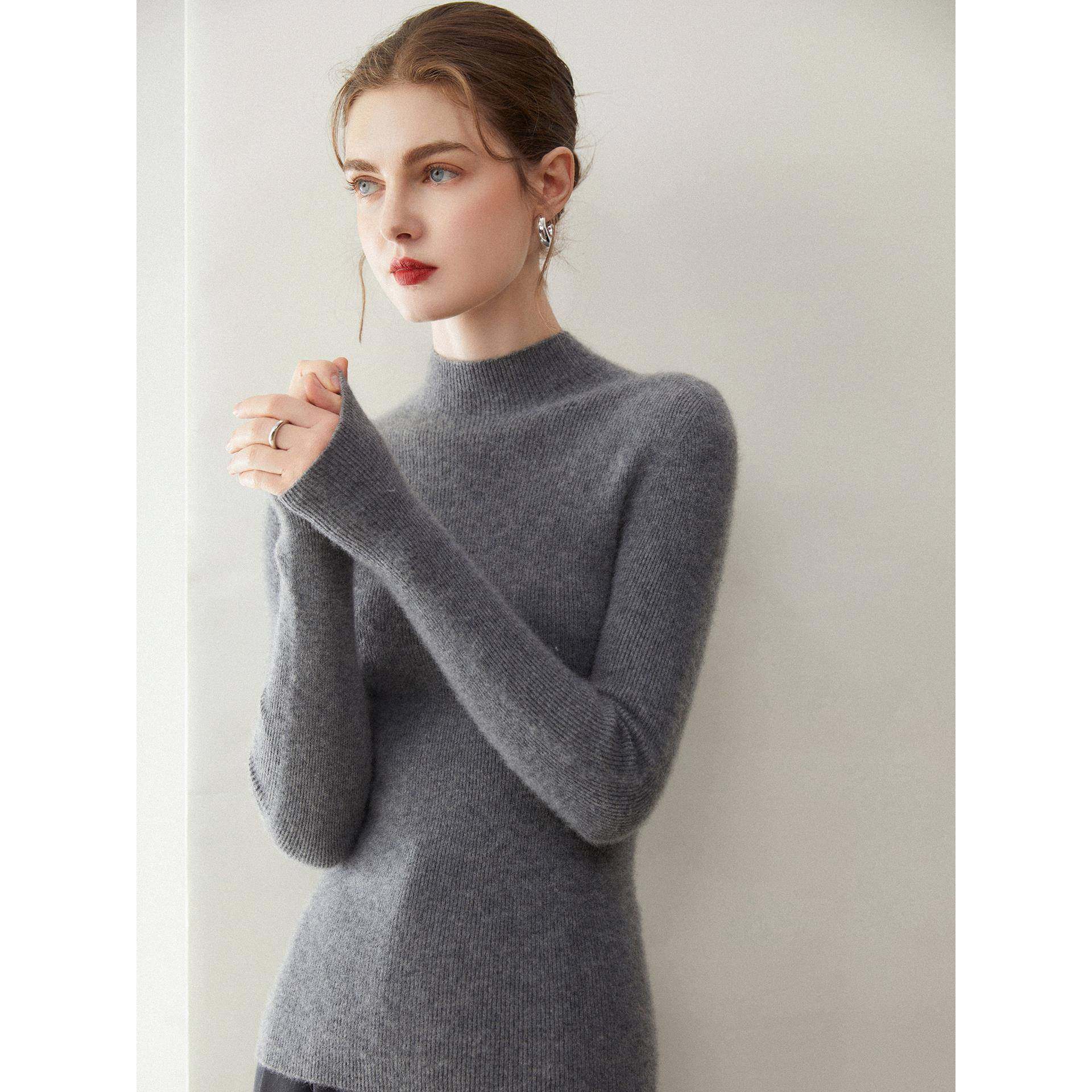 鹊妃无缝一体100%纯山羊绒衫女半高领紧身显瘦抽条针织打底衫毛衣