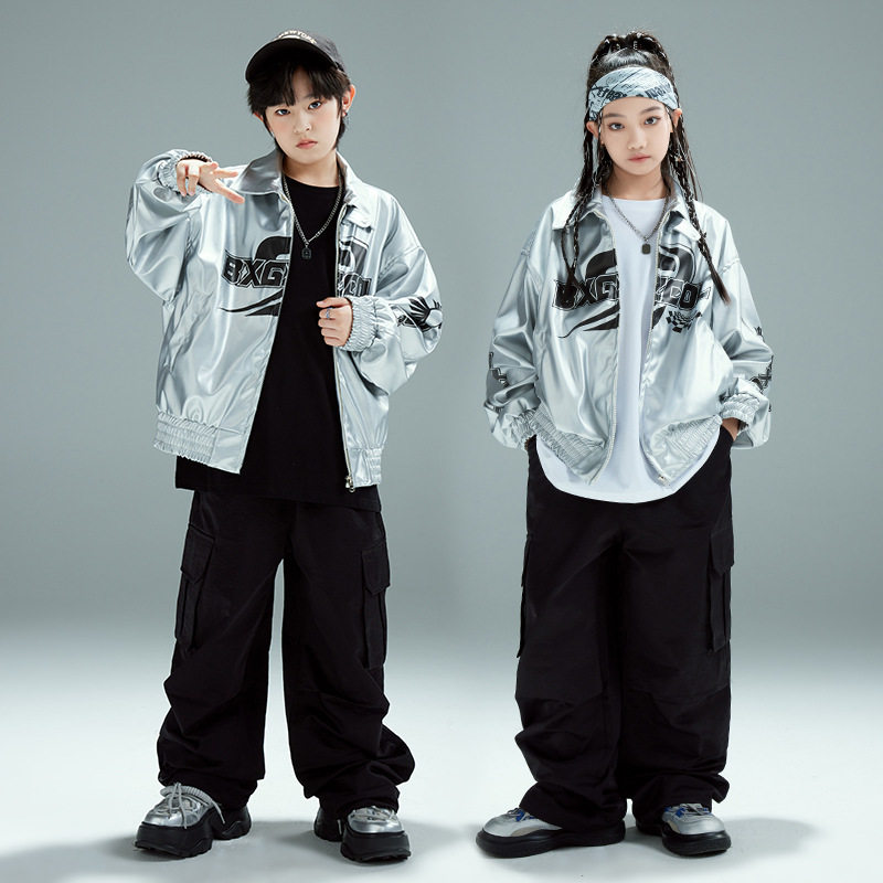 街舞儿童潮服演出服男童套装hiphop童装少儿嘻哈爵士银色皮衣