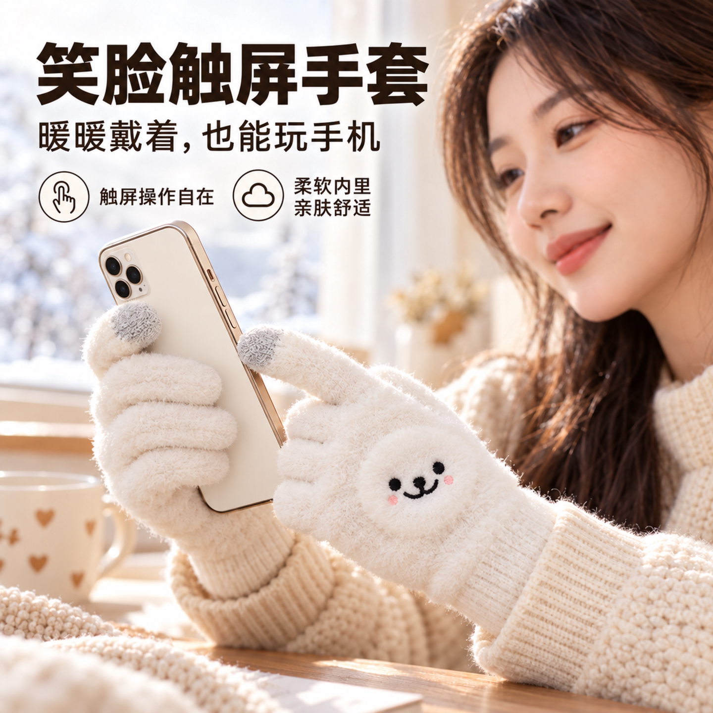 可爱小熊手套秋冬季女保暖学生韩版防风防寒可触屏手套加绒加厚