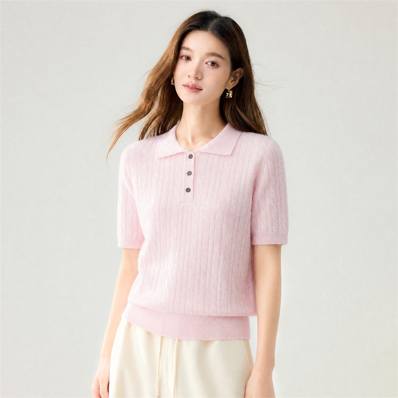 山羊绒POLO领短袖麻花针织衫女