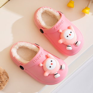 儿童棉拖鞋冬季棉拖洞洞鞋加绒加厚棉拖卡通女童厚底防水亲子包头