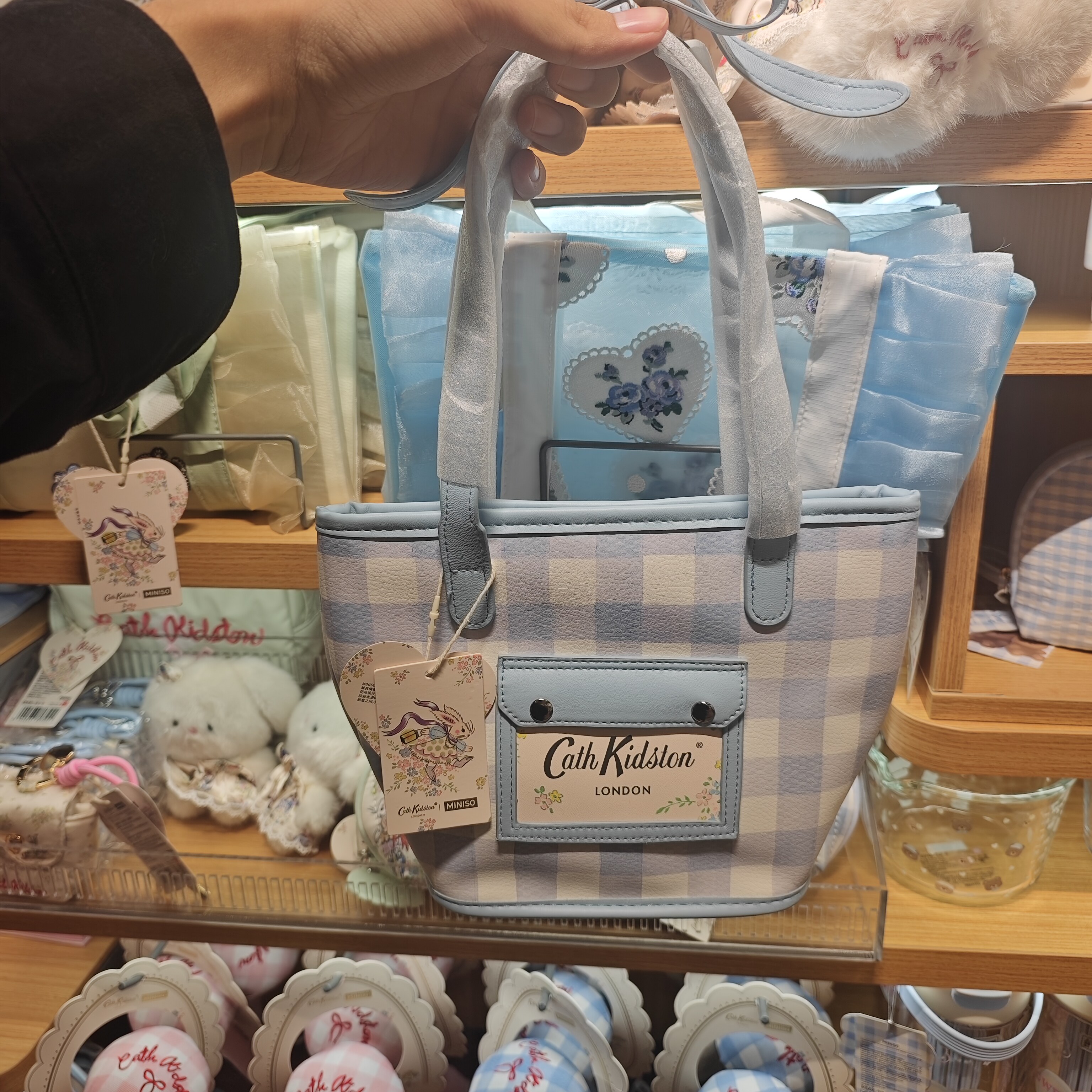 名创优品cath kidston花园工坊甜心蓝格蝴蝶结托特包MINISO