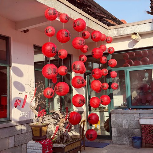 农村婚礼喜字灯笼布置，好喜欢