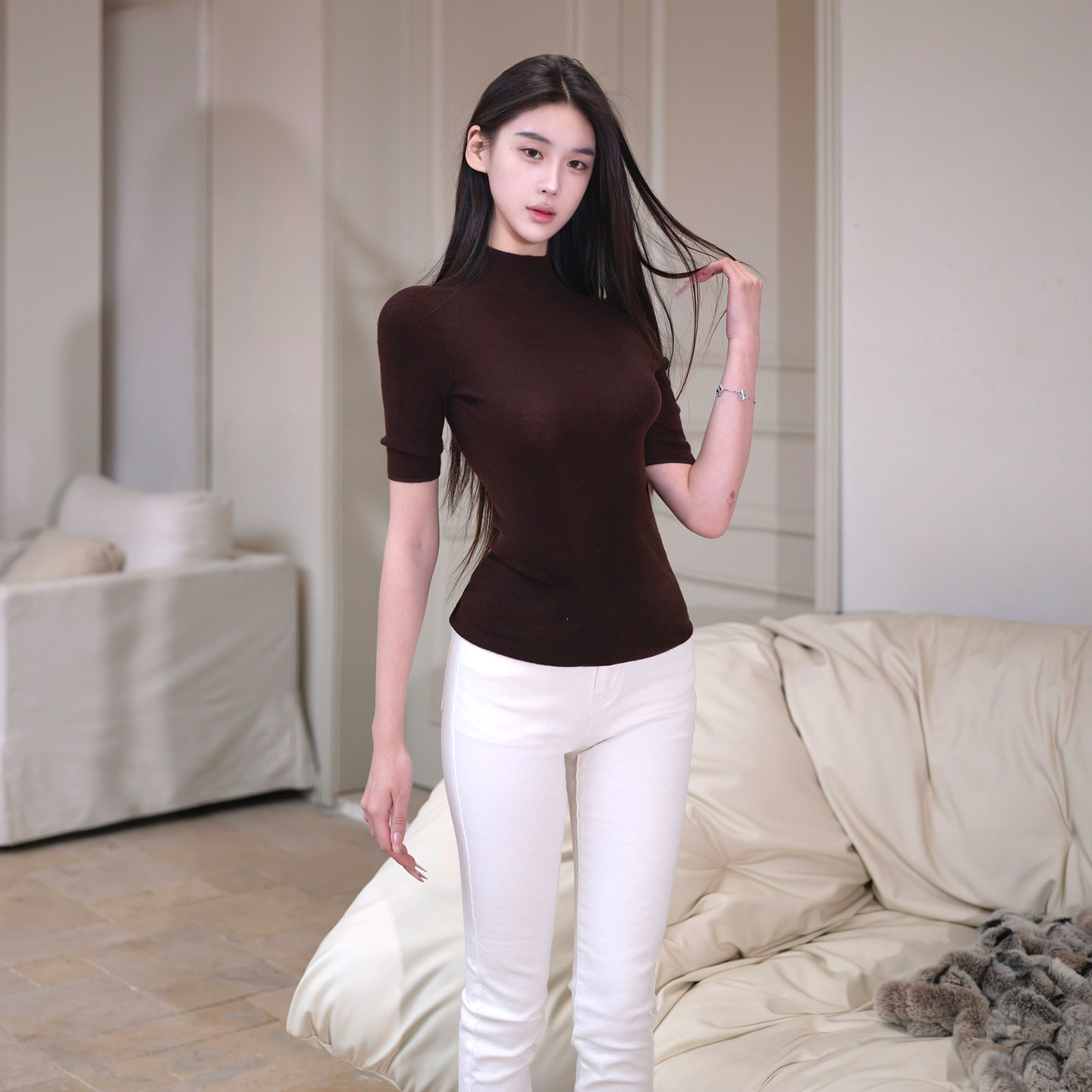 YUANZI元子 【炽色底牌】美丽诺羊毛包体弹力打底紧身半高领上衣