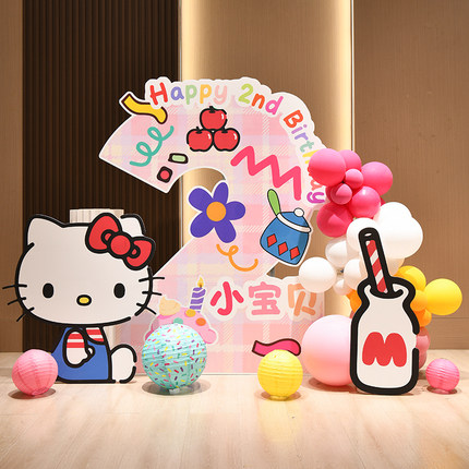 hello kitty主题生日布置场景装饰数字气球kt板kt猫背景板宝宝