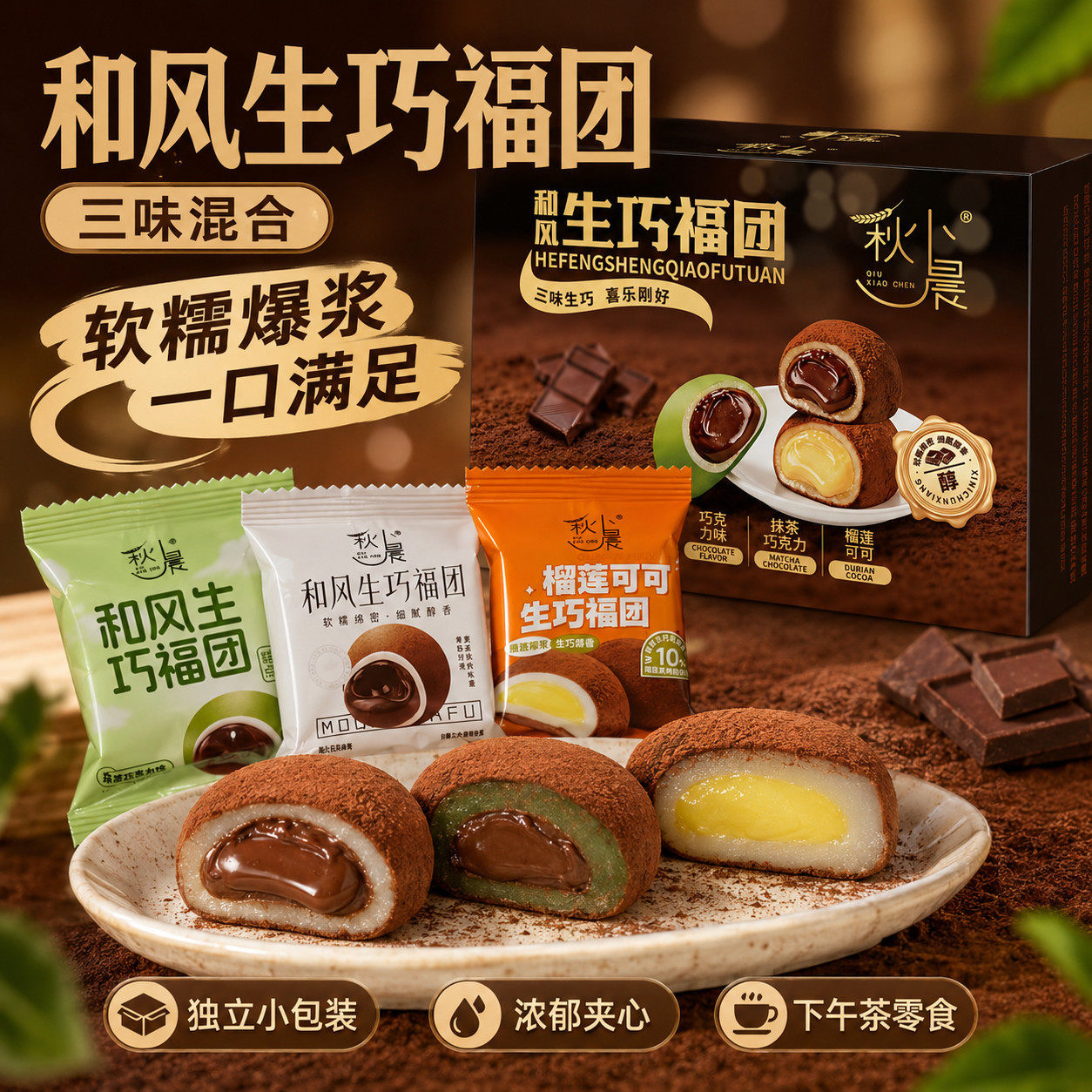 爆浆生巧福团1560g整箱礼盒节日送礼巧克力糯糕点休闲零食下午茶