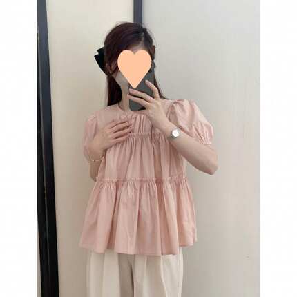 新品新款 夏季小众设计感褶皱圆领短袖衬衫女别致宽松小个子娃娃