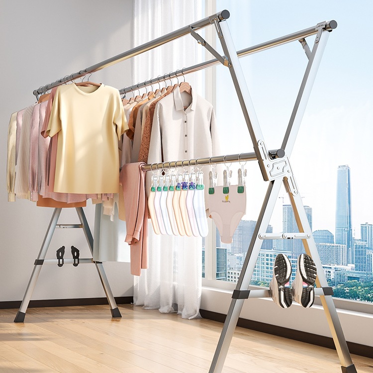 2026折叠晾衣架落地室内家用阳台卧室加厚钢室外凉伸缩杆式晒被子