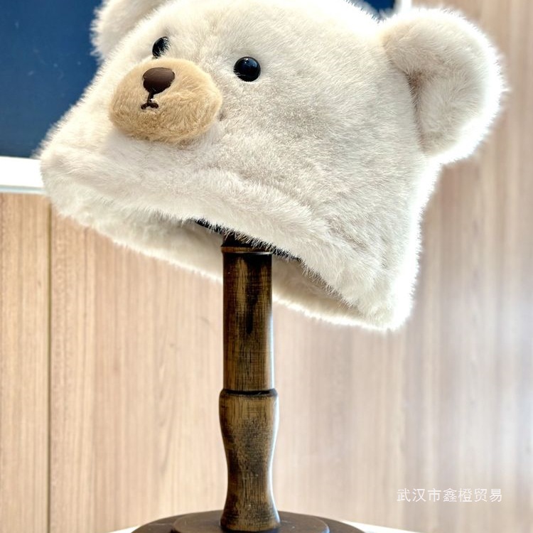 20262025新款秋冬卡通可爱小熊毛绒帽子女百搭显脸小护耳帽加绒保