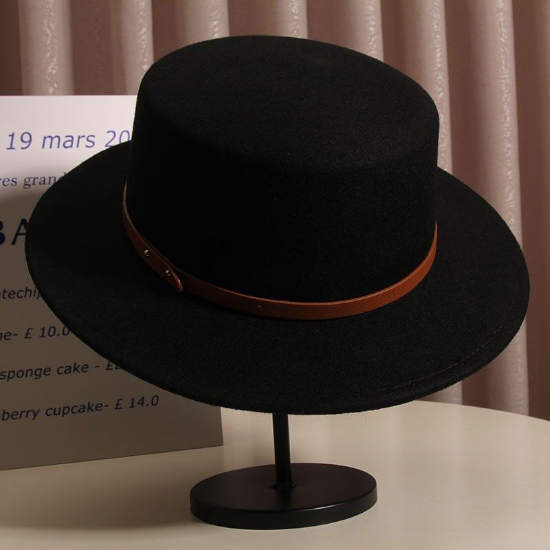 英伦皮带扣白色羊毛平顶礼帽女秋冬法式赫本风名媛复古毛呢爵士帽