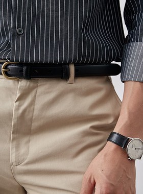 2021韩版百搭男女士针扣2.5CM窄皮带 INQS风青年黑色牛皮腰带