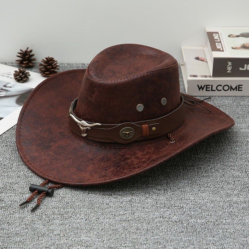 牛头皮带铆钉爵士帽男女春夏秋户外出游遮阳帽大沿藏族西部牛仔帽