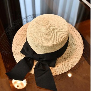 2024拉菲草平頂草帽女夏新款 復古網紗遮陽帽防曬帽草編太陽帽 時尚