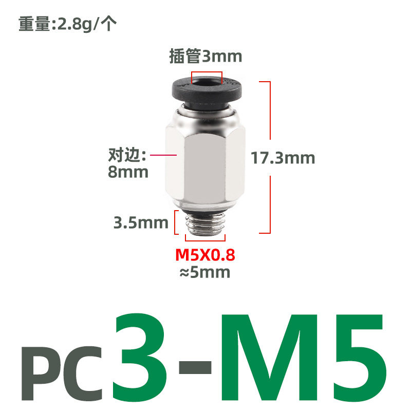 微型迷你接头PC螺纹直通POC圆形带内六角孔M3/M5/M6接3/4/6mm气管图片