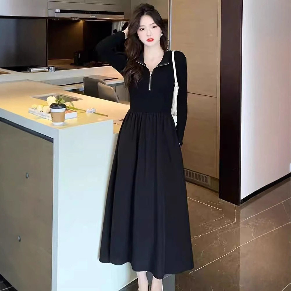 小谷粒长袖连衣裙女2024年冬季新款气质赫本风针织小个子黑色长裙