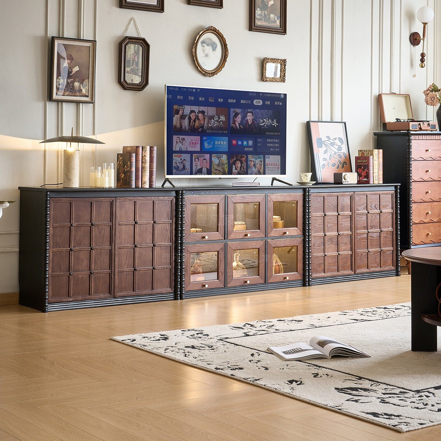 法式中古风客厅实木巧克力棋盘电视柜模块化组合展示柜复古落地柜,住宅家具,电视柜,淘宝优惠券,粉丝福利购,淘宝优惠卷