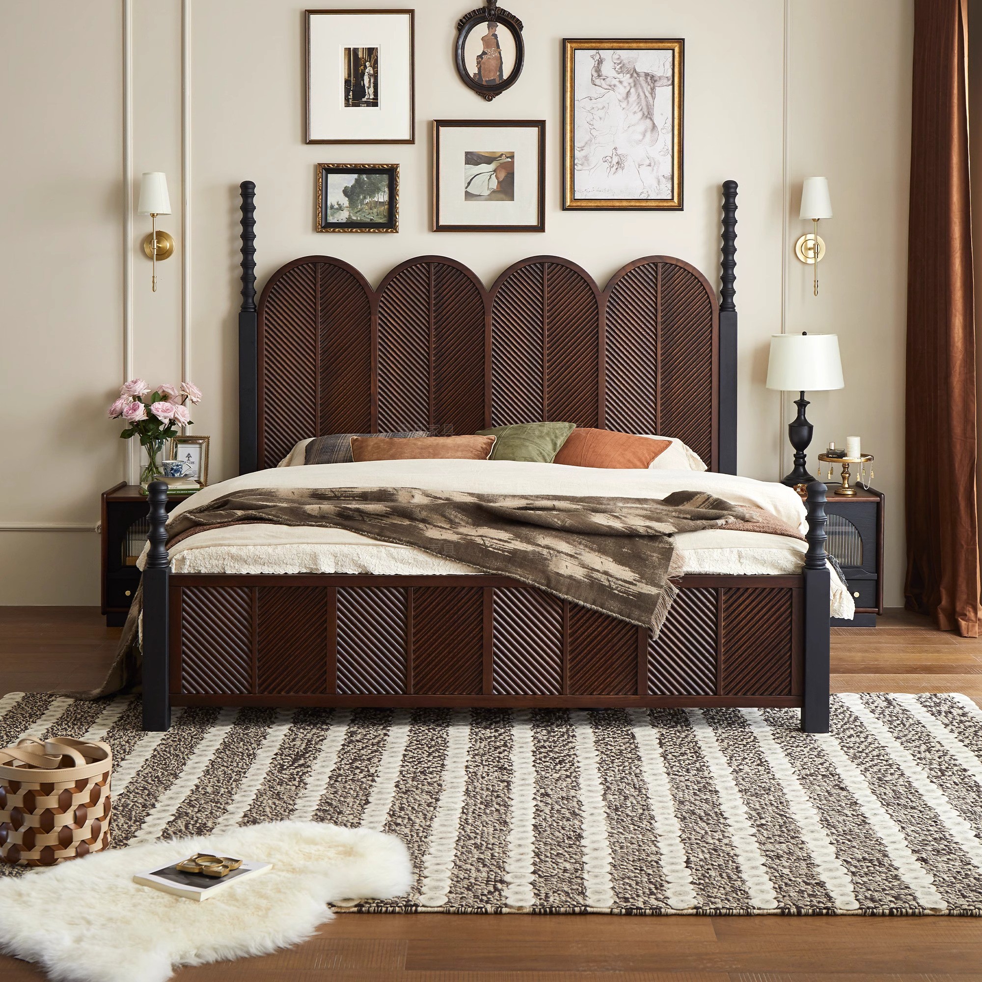 法式复古实木床美式主卧双人床简约现代卧室家具中古婚床