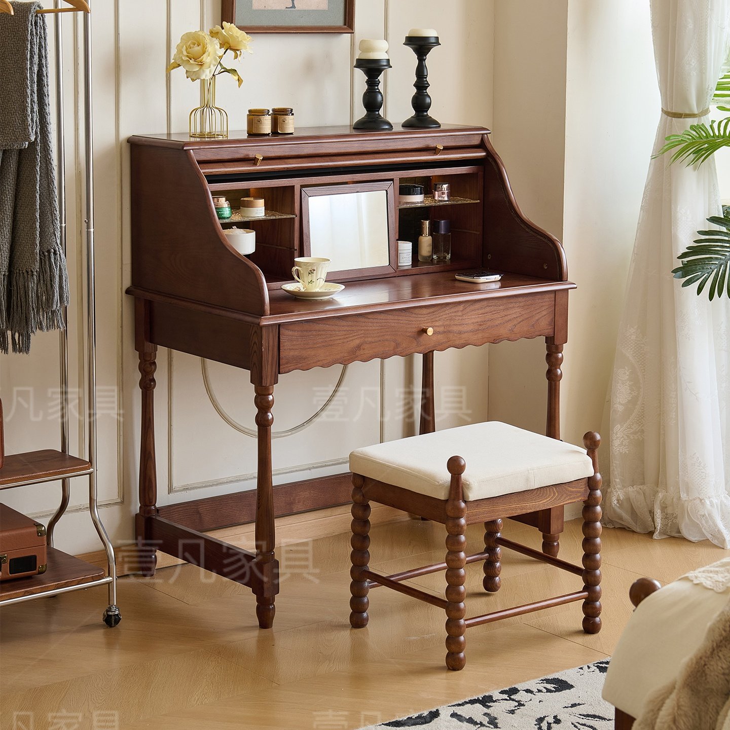 法式中古风白蜡木实木卷帘梳妆台卧室小户型复古带抽屉翻盖化妆桌