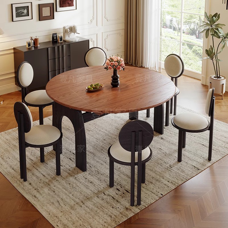 法式复古实木折叠饭桌子家用美式中古风可伸缩方圆两用餐桌椅组合