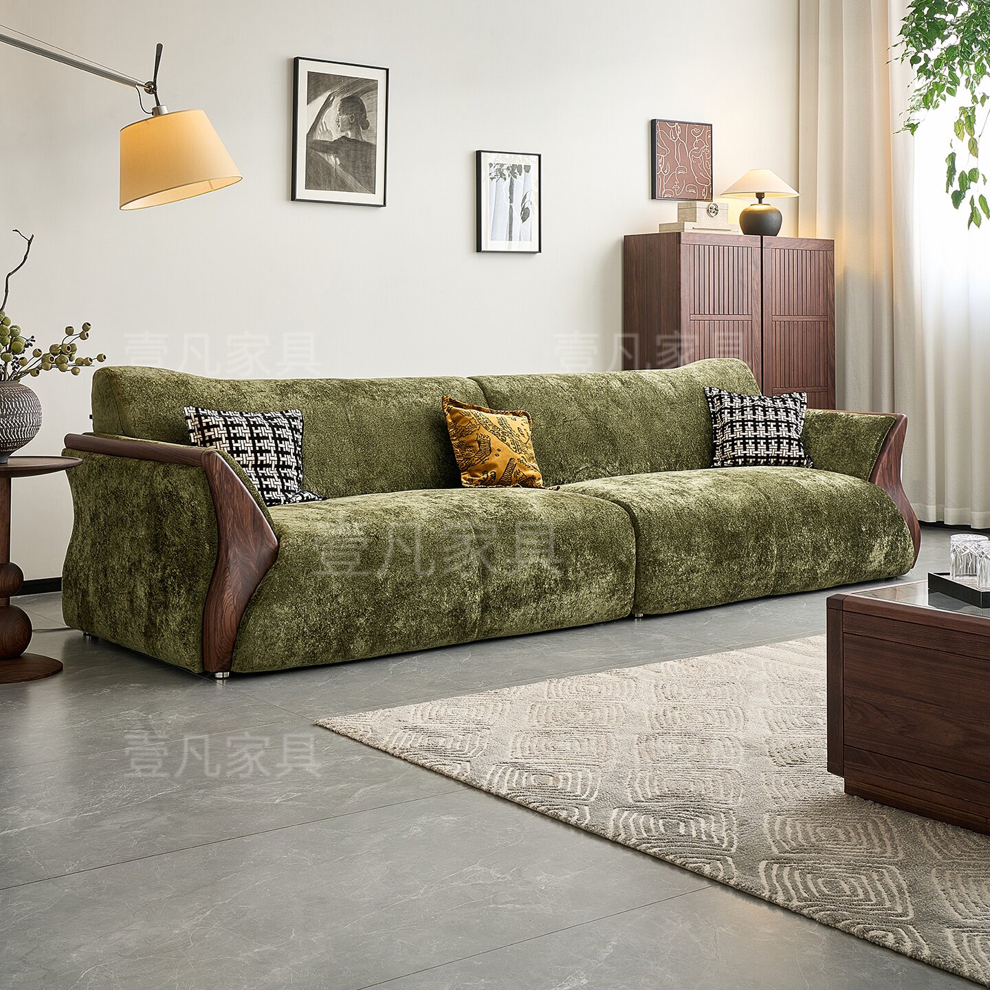 雪尼尔复古风墨绿色直排布艺沙发扶手胡桃木简约风实木小户型沙发
