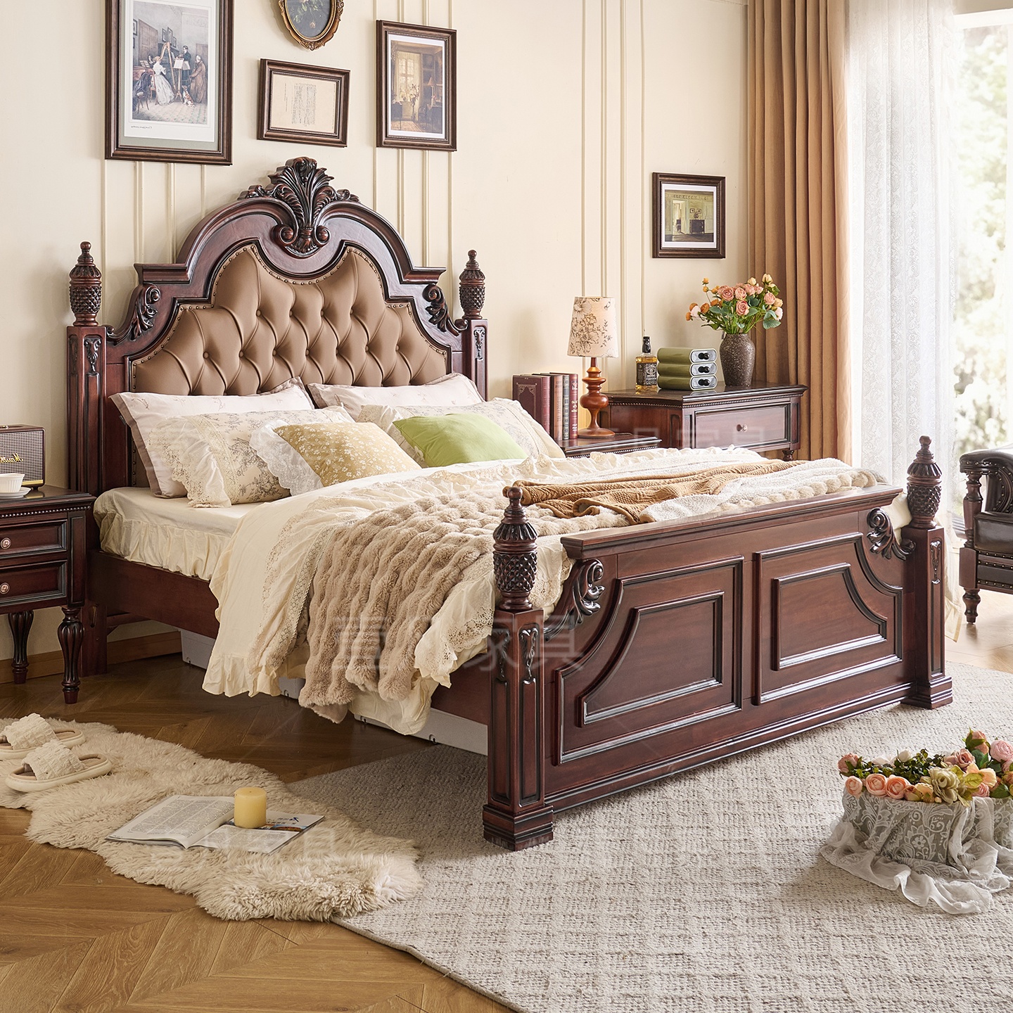 美式乡村复古风胡桃木实木床1米8双人主卧大床高端雕花头层牛皮床