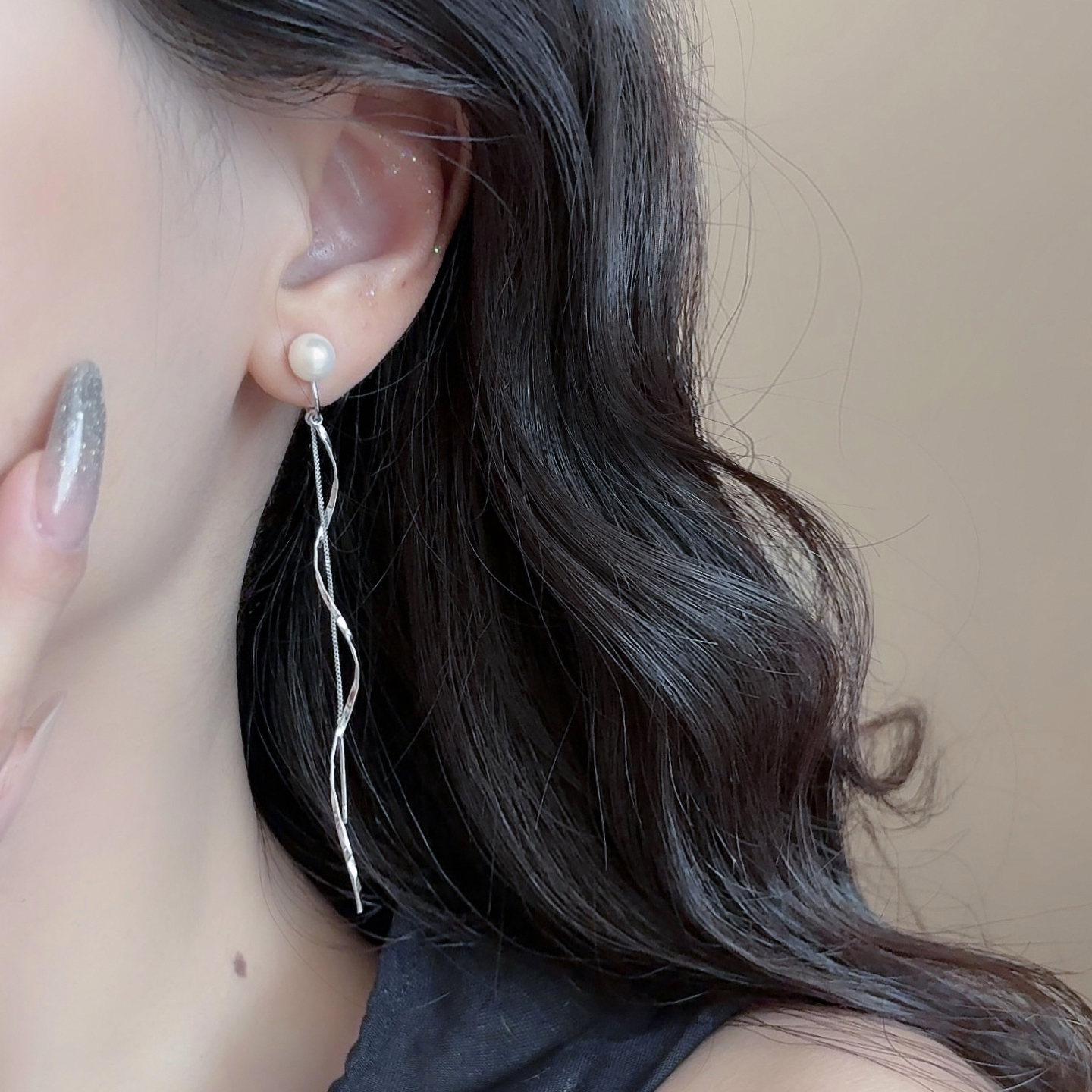 「音符」长款显脸瘦天然珍珠流苏耳夹女无耳洞耳饰新款复古耳环