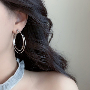 「显脸小」银色双层圆圈耳夹女无耳洞耳饰新爆款圈圈气质耳环耳圈
