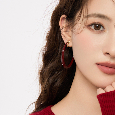 「安可拉红」复古酒红色素圈耳环蚊香盘耳夹女无耳洞耳饰秋冬耳圈
