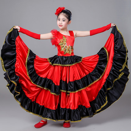 新款学生儿童舞蹈服女大摆裙开场舞斗牛伴舞演出服装舞台服连衣裙