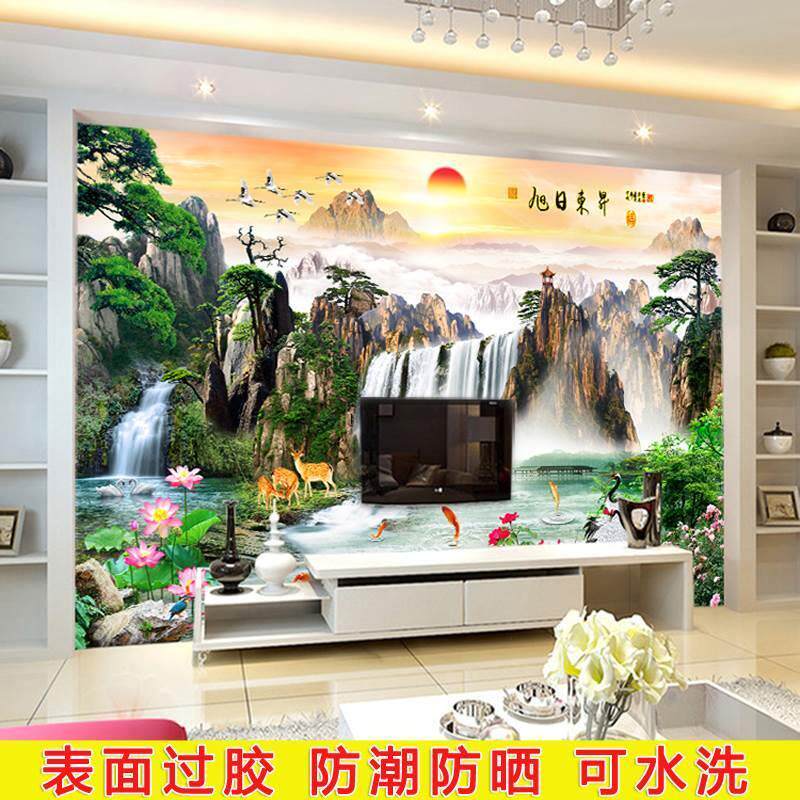 迎风客松山水画景画贴纸壁纸自粘墙贴壁画背景厅墙客墙贴1682691