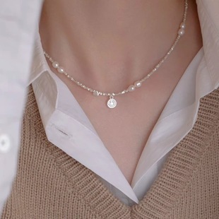 S925纯银碎银子珍珠项链女小众轻奢爱心笑脸锁骨链送女友生日礼物