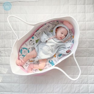 婴儿蓝手提新生婴儿提篮外出便携式 手工编织婴儿摇篮新生儿篮子