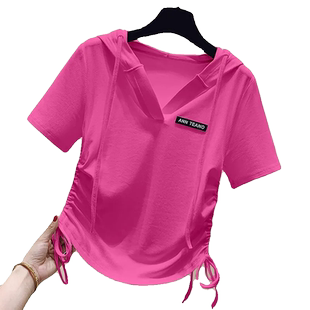 不规则抽绳v领连帽纯棉短袖t恤女热销夏季新款显瘦时尚小衫上衣女