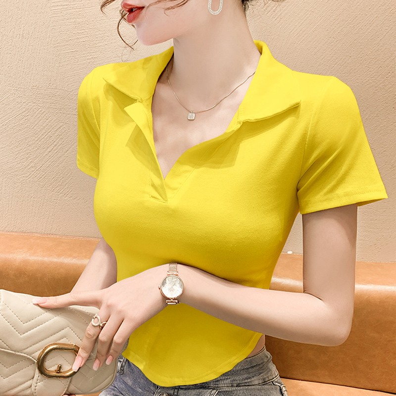 纯棉短袖t恤女修身显瘦Polo衫法式高腰薄款复古上衣黄色体恤衫女