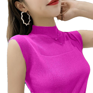 背心女外穿半高领镂空针织衫上衣热销新款宽松无袖t恤打底小衫夏