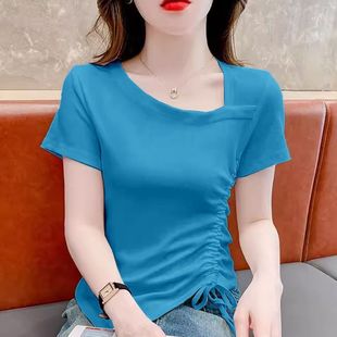 小众不规则时尚 纯棉洋气减龄设计感短款 新款 短袖 上衣 T恤女士夏季